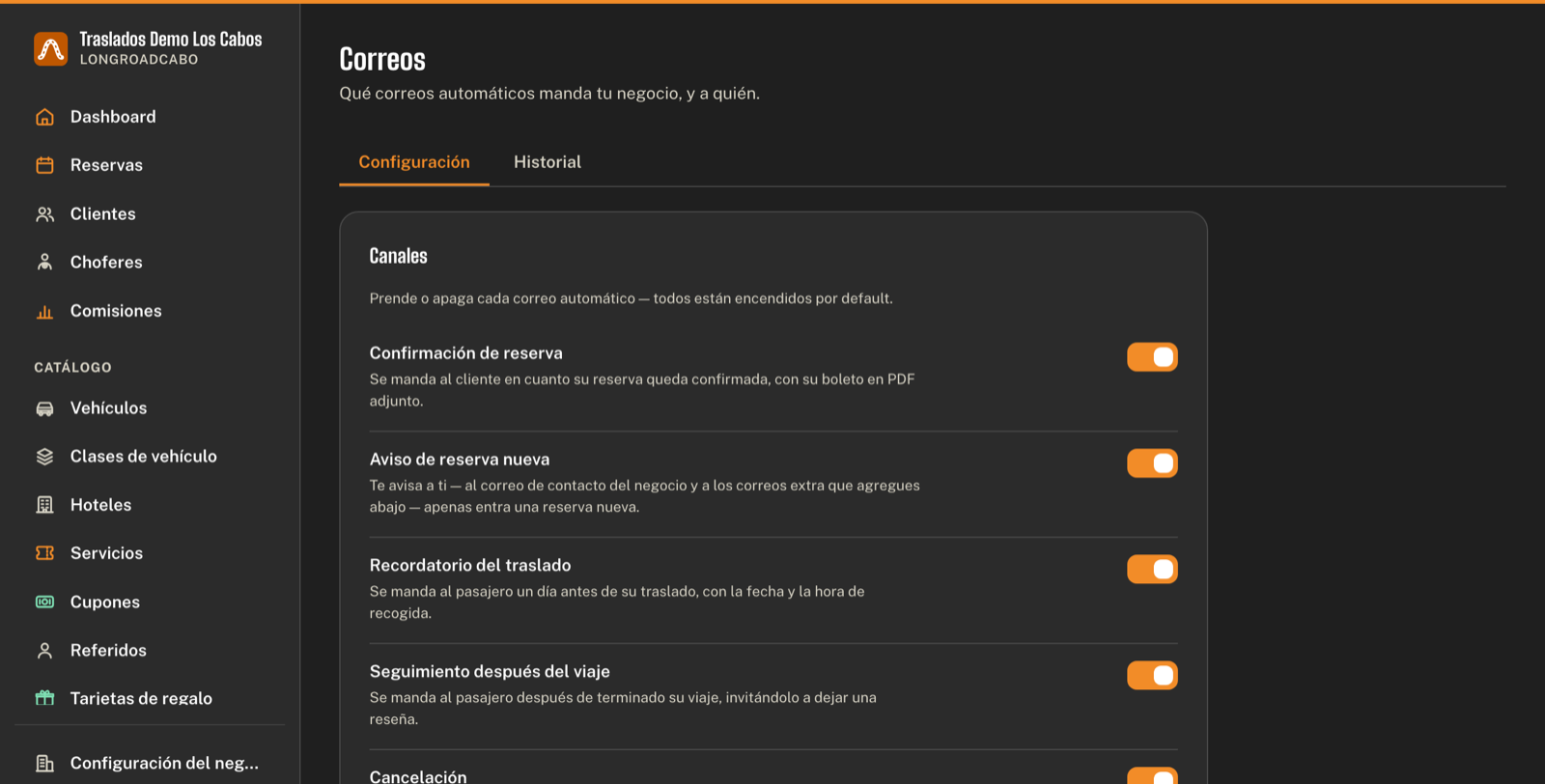 Pantalla de correos automáticos con cada aviso que manda el sistema