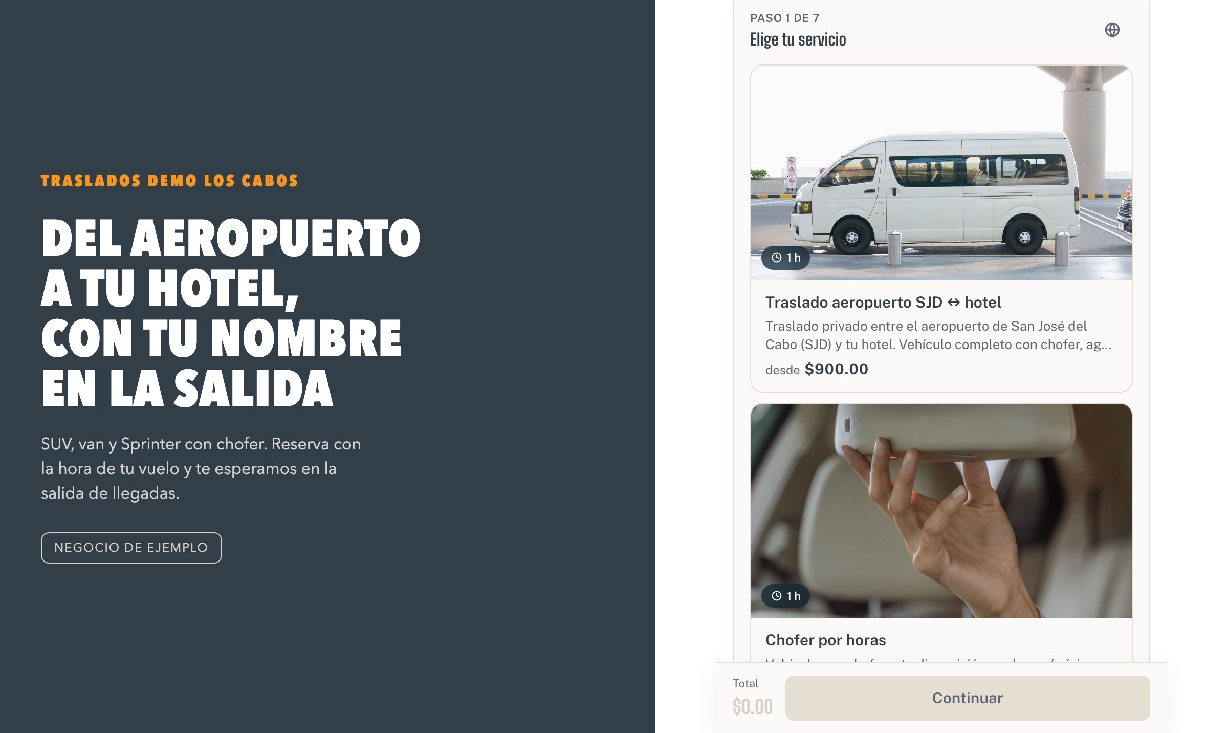 Ejemplo del widget de reservas de traslados con datos de demostración